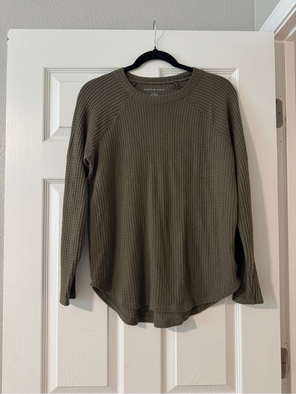 American Eagle Outfitters Olive Waffle-Knit Crew Sweater